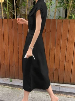 Solid Pocket Lapel Short Sleeve Button Front Dress With Belt -Zanzea Shop d2495eb0 ccda 4d25 96e9 206b407b6371