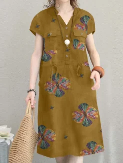 Vintage Floral Print Notch Neck Drawstring Waist Cotton Dress -Zanzea Shop d253e3ae 9f87 4cec acac adc41b156bcd