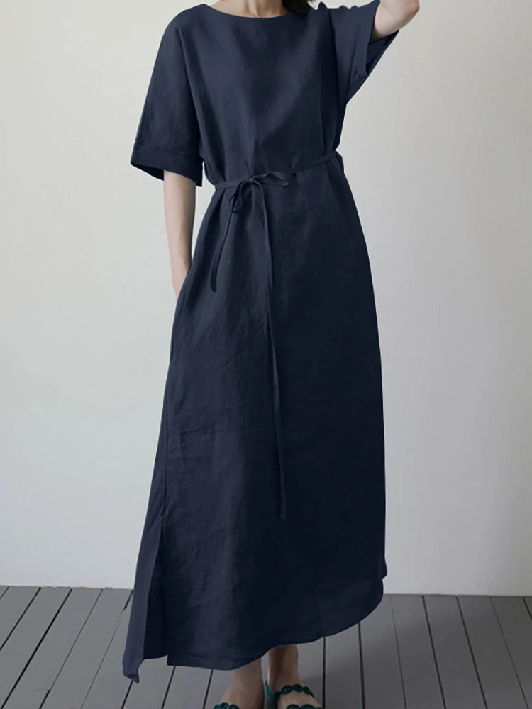 Solid Slit Pocket Half Sleeve Loose Dress With Belt 6 Solid Slit Pocket Half Sleeve Loose Dress With Belt - Image 6