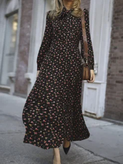 Floral Printed Bowknot Side Invisibled Zipper Long Sleeve Casual Dress -Zanzea Shop d275eb83 a0b3 4488 ab69 595c408efc3d