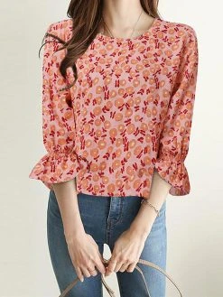 Random Allover Print Crew Neck 3/4 Sleeve Casual Blouse -Zanzea Shop d27a94c2 da89 4efa aad4 b20ed3474794