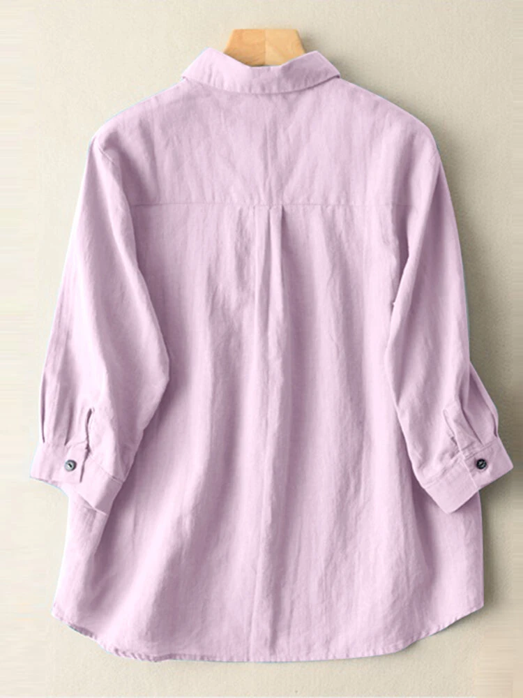 Solid 3/4 Sleeve Pocket Button Front Lapel Shirt 6 Solid 3/4 Sleeve Pocket Button Front Lapel Shirt - Image 6