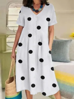Dot Print Pocket V-neck Short Sleeve Casual Dress -Zanzea Shop d2b3f131 a0fe 493c 86f5 ccfe6aa011cc