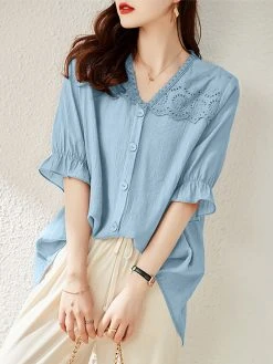 Lace Panel Button Front Loose Half Sleeve V-neck Blouse -Zanzea Shop d32eb7b1 5dd4 412d a7b1 b9cf9e520770