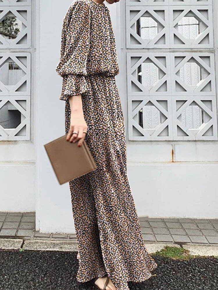 Floral Print Long Bell Sleeve Crew Neck Slit Maxi Dress 9 Floral Print Long Bell Sleeve Crew Neck Slit Maxi Dress - Image 9