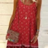 Women Ditsy Floral Print Ruffle Hem Bohemian Spaghetti Strap Dress
