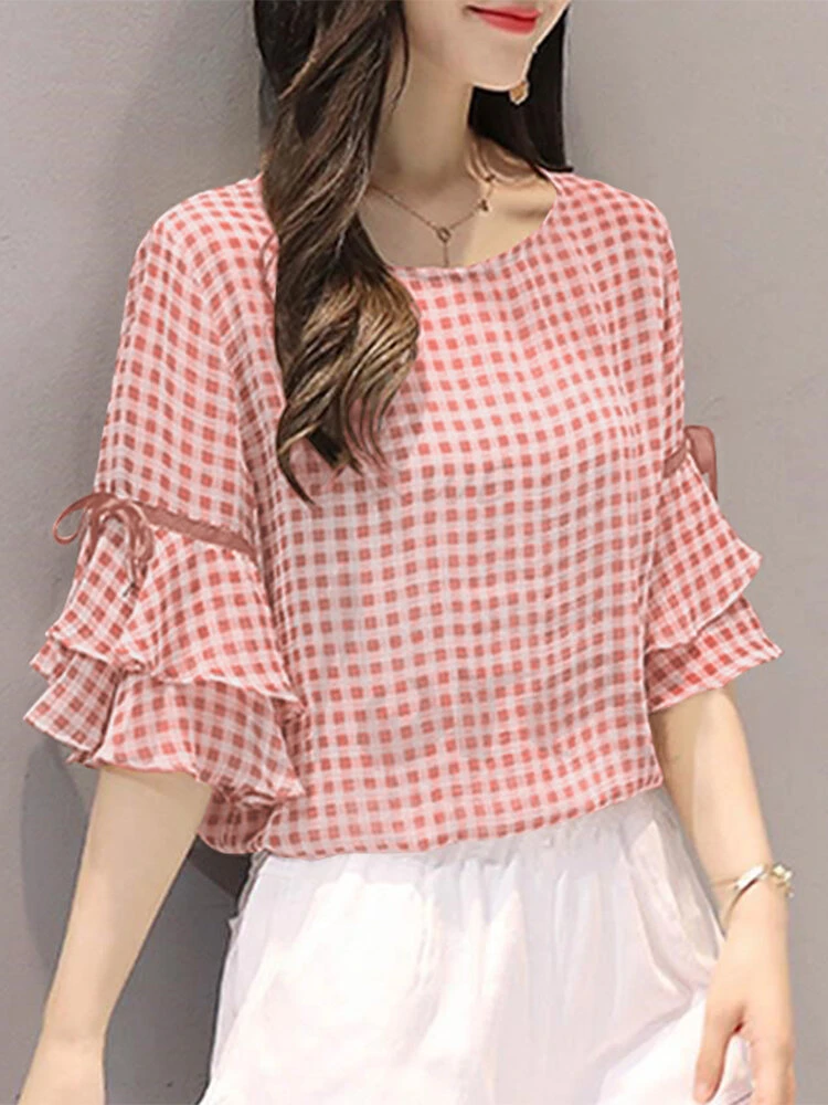 Plaid Knotted Patchwork Ruffle Sleeve Round Neck Blouse 2 Plaid Knotted Patchwork Ruffle Sleeve Round Neck Blouse - Image 2