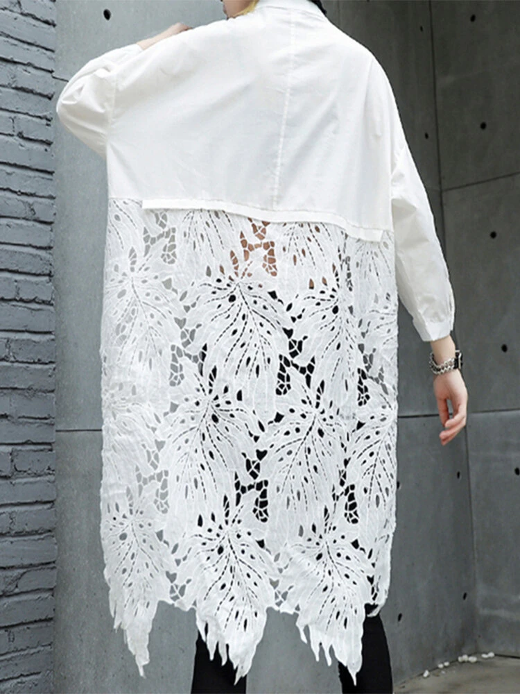 Lace Crochet Long Sleeve Irregular Trim Plus Size Long Shirt 3 Lace Crochet Long Sleeve Irregular Trim Plus Size Long Shirt - Image 3
