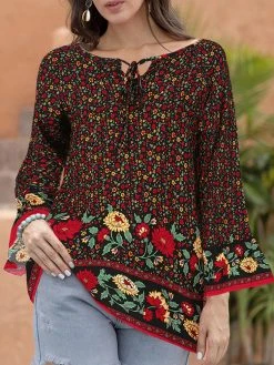 Flower Print Tie Front Bell Sleeve Bohemian Women Blouse -Zanzea Shop d38a137d b2a7 43ca bacc af8ad743abe4