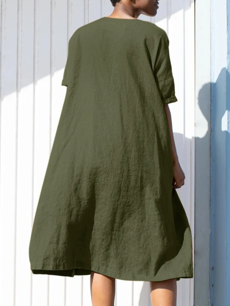 Solid Loose Crew Neck Short Sleeve Casual Dress With Belt 5 Solid Loose Crew Neck Short Sleeve Casual Dress With Belt - Image 5