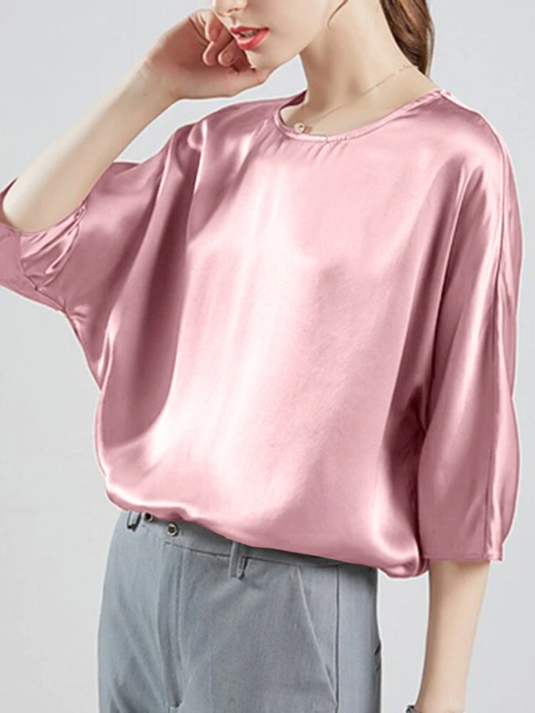Solid Loose Dolman Sleeve Satin Crew Neck Women Blouse 7 Solid Loose Dolman Sleeve Satin Crew Neck Women Blouse - Image 7