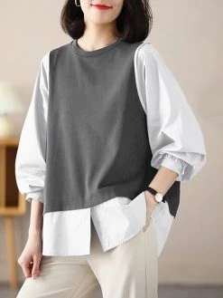 Women Contrast Long Sleeve Crew Neck Casual Blouse -Zanzea Shop d3ad9315 b60c 4170 8be6 2c5aa0efc78a