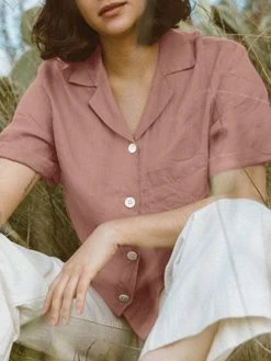 Solid Button Front Pocket Lapel Short Sleeve Shirt -Zanzea Shop d3e3c9cb dc3f 4a47 98e0 27052c64e312