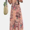 Floral Print O-neck Long Sleeve Maxi Cotton Dress