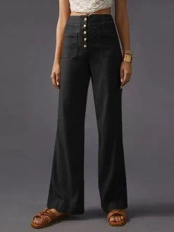 Solid Button Front Pocket Pants For Women