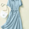Solid Pocket Button Lapel Short Sleeve Shirt Dress With Belt