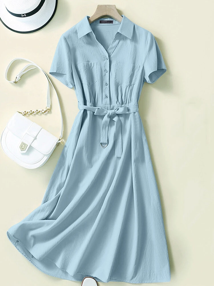Solid Pocket Button Lapel Short Sleeve Shirt Dress With Belt 1 Solid Pocket Button Lapel Short Sleeve Shirt Dress With Belt