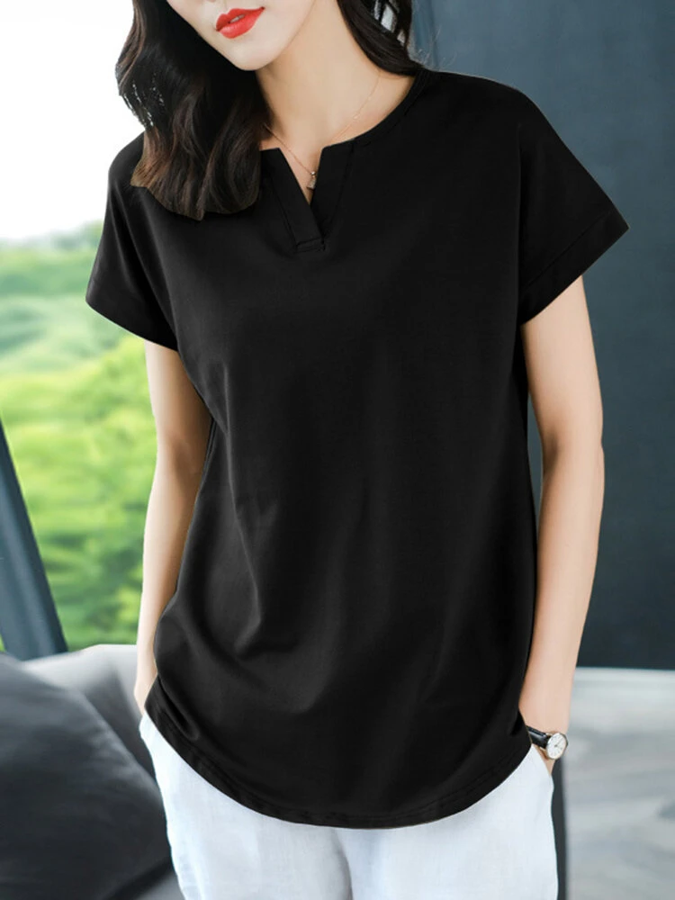 Solid Notch Neck Short Sleeve Casual T-shirt For Women 7 Solid Notch Neck Short Sleeve Casual T-shirt For Women - Image 7