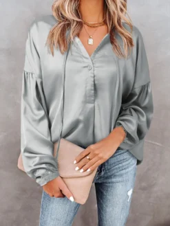 Solid Satin Long Sleeve Tie Front V-neck Blouse -Zanzea Shop d4733811 7184 4bc5 a415 a86f75b798f5
