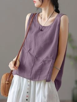 Solid Fold Pleated Crew Neck Sleeveless Casual Tank Top -Zanzea Shop d48ad55c a33d 4e63 8afe 857aef1ac4e7