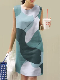 Women Abstract Color Block Print Crew Neck Sleeveless Dress -Zanzea Shop d4b49d6d 0187 4339 aede da09b2d78ede