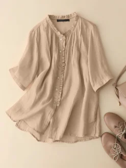 Women Solid Frill Trim Button Front Cotton 3/4 Sleeve Shirt -Zanzea Shop d4be523f b967 4eb3 ae55 0a6b60f2621f