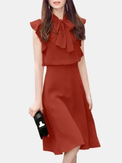 Solid Ruffle Sleeve Tie Neck Invisible Zip Back Dress