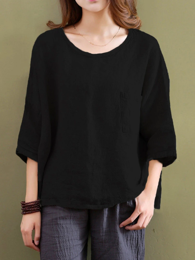 Casual Women Mori Pocket O-Neck 3/4 Sleeve Loose Blouse 4 Casual Women Mori Pocket O-Neck 3/4 Sleeve Loose Blouse - Image 4