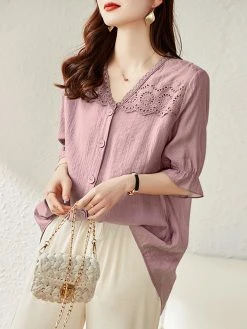 Lace Panel Button Front Loose Half Sleeve V-neck Blouse -Zanzea Shop d524cbd4 dcdd 4c6a 9056 806c39a66903