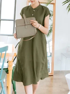 Solid Tie Back Button Front Short Sleeve Stand Collar Dress -Zanzea Shop d52ad51d 5346 47e4 ab25 fafcdea8c750
