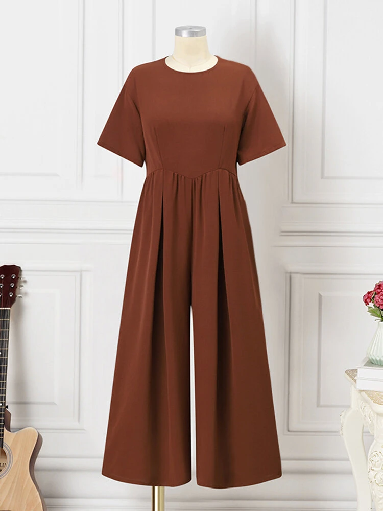 Women Solid Pleated Short Sleeve Wide Leg Jumpsuit 4 Women Solid Pleated Short Sleeve Wide Leg Jumpsuit - Image 4