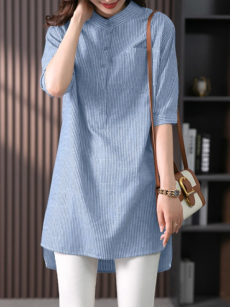 Striped Pattern Half Sleeve High-low Pocket Button Blouse 7 Striped Pattern Half Sleeve High-low Pocket Button Blouse - Image 7