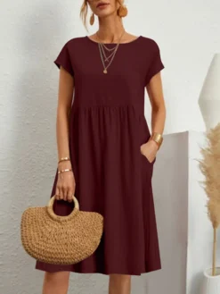 Women Solid Short Sleeve Pocket Midi Casual Dress