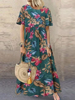 Allover Leaves Print Short Sleeve Crew Neck Maxi Dress -Zanzea Shop d5bf8ac3 df34 4ede b996 4f2d01d086cb