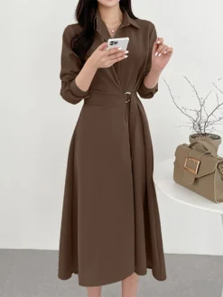 Solid Long Sleeve Belt Lapel Casual Dress -Zanzea Shop d5e49660 83c1 4bc2 a115 3e3ac79048fb