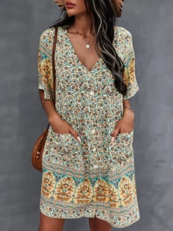 Bohemian Floral Print Pocket Button V-neck Short Sleeve Dress -Zanzea Shop d5ec2f96 c1fc 4d05 abf7 93f53676c94a