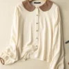 Contrast Long Sleeve Button Front Lapel Women Blouse