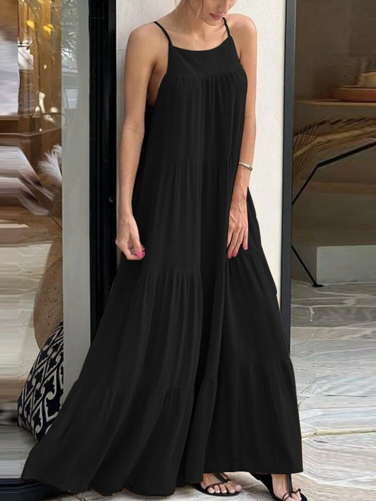 Women Solid Tiered Casual Spaghetti Strap Maxi Dress 3 Women Solid Tiered Casual Spaghetti Strap Maxi Dress - Image 3
