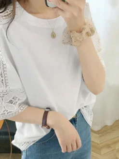 Lace Hollow Stitch Half Sleeve Crew Neck Loose Blouse -Zanzea Shop d62b69fe f8f3 4bab 8c95 41deb99d5187