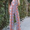 Women Floral Geometric Print V-Neck Bohemian Sleeveless Jumpsuit