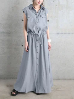 Solid Drawstring Waist Pocket Button Front Maxi Cargo Dress -Zanzea Shop d642923c e99c 4fcf a915 f1885c691a49