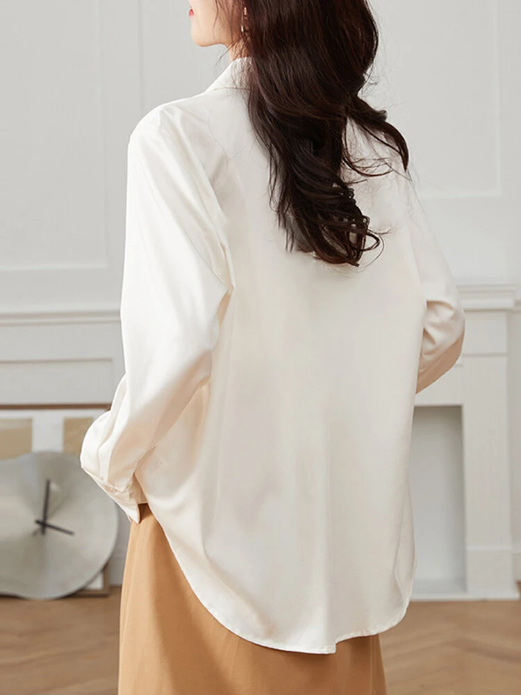 Satin Solid Button Front Long Sleeve Lapel Loose Shirt 2 Satin Solid Button Front Long Sleeve Lapel Loose Shirt - Image 2