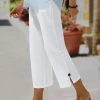 Women Solid Color Split Cuff Cotton Cropped Pants
