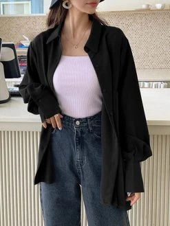 Solid Irregular Pleated Long Sleeve Lapel Button Down Shirt -Zanzea Shop d6764212 8f8e 48c6 8fbb 1c19dcaaaca4