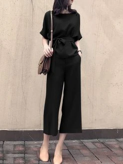 Solid Belt Pocket Rolled Sleeve Wide Leg Two Pieces Suit -Zanzea Shop d6f4e273 c3e4 4a28 bcd7 cb2de072b2bd