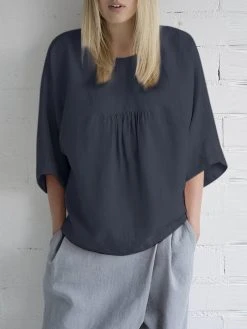 Women Solid Pleated Crew Neck Cotton 3/4 Sleeve Blouse -Zanzea Shop d715f8de 28be 4d9c a4b4 79014cf11c41