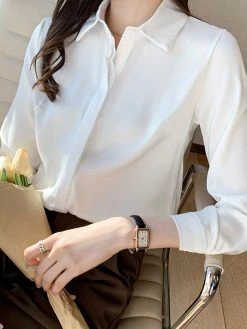 Solid Satin Button Lapel Long Sleeve Shirt -Zanzea Shop d75423d3 5467 4ad9 80d7 dda15b9e3a96