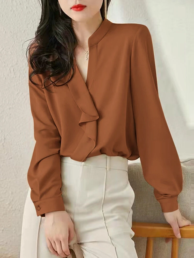 Solid Ruffle Stand Collar Long Sleeve Blouse For Women 12 Solid Ruffle Stand Collar Long Sleeve Blouse For Women - Image 12