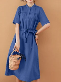 Solid Short Sleeve Stand Collar Dress With Belt -Zanzea Shop d7826925 4bd2 4c5c 90e4 d7799966c083