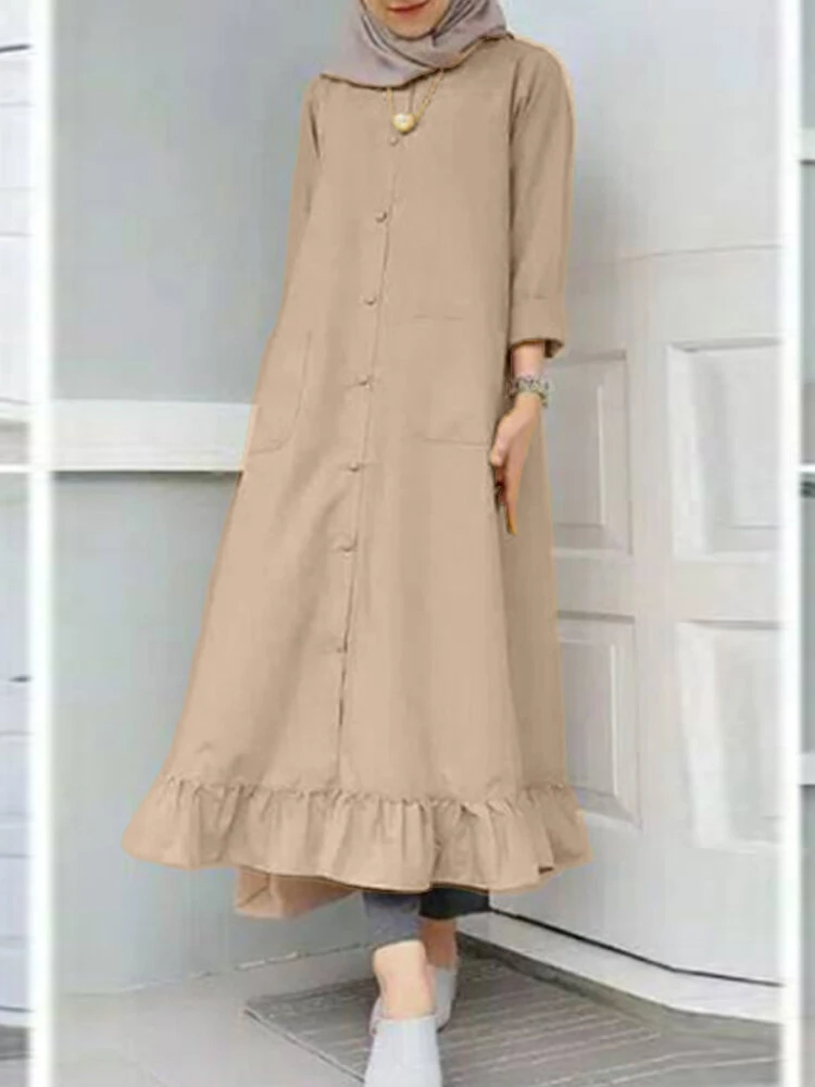 Women Ethnic Solid Color Button Ruffled Hem Pocket Casual Dress 2 Women Ethnic Solid Color Button Ruffled Hem Pocket Casual Dress - Image 2